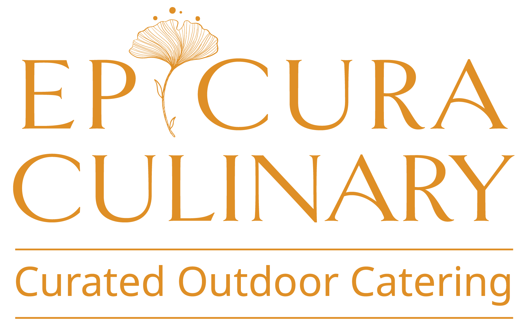 Logo of Epicure Culinary featuring a ginkgo leaf graphic and the text 'Epicure' and 'Culinary' in orange, with 'Curated Outdoor Catering' below, on a black background.