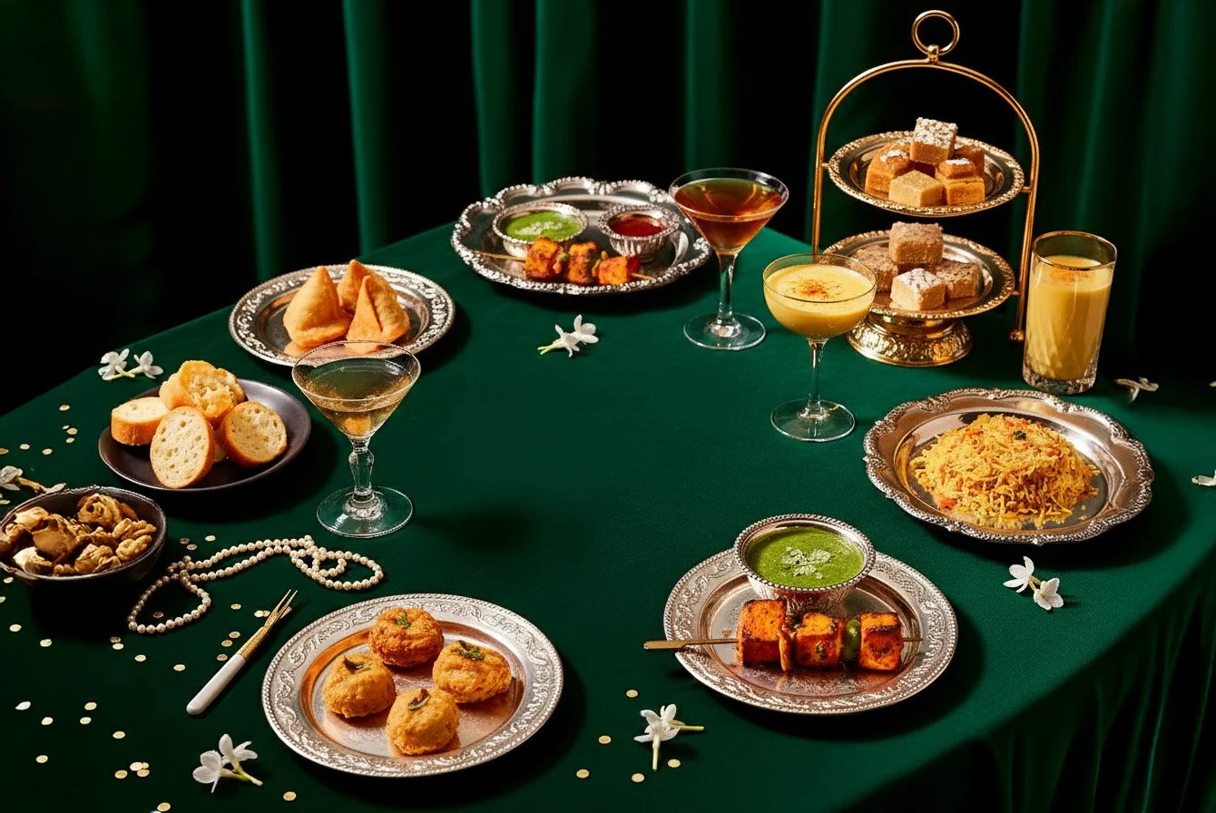 An elegant Indian-inspired dessert and snack spread on a green tablecloth with flowers, pearl necklace, and silverware, featuring various sweets, snacks, beverages, and side dishes.