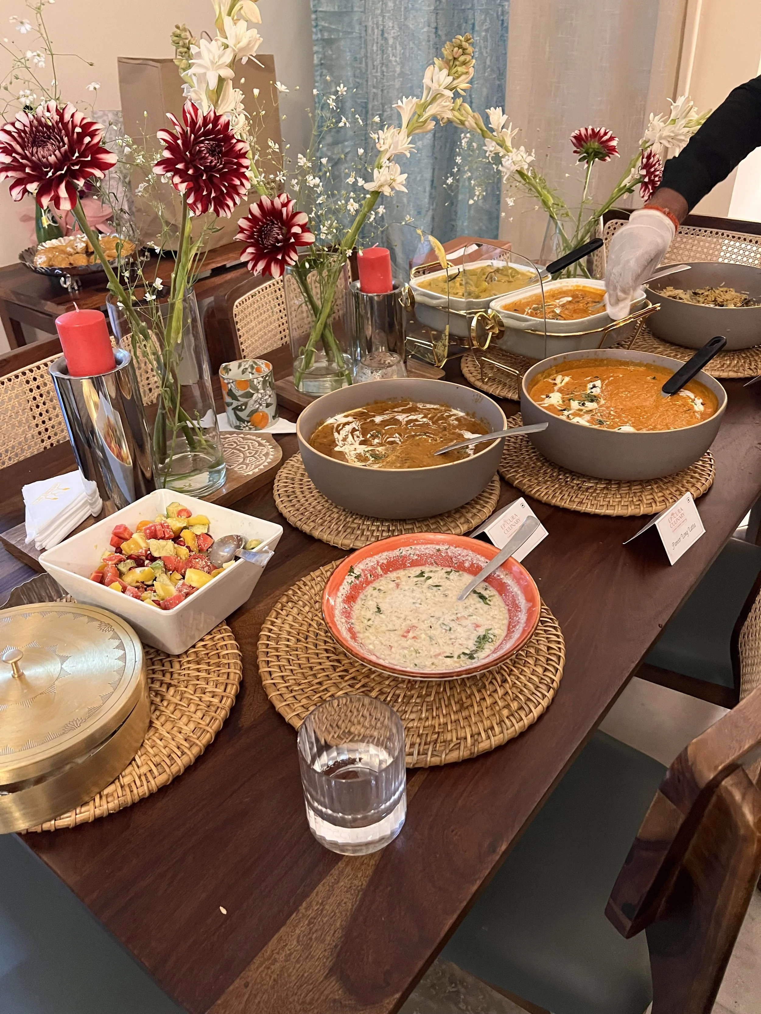 Main course set up for our client's house warming party, including delectable curries and mouth watering desserts along with impeccable decor. 