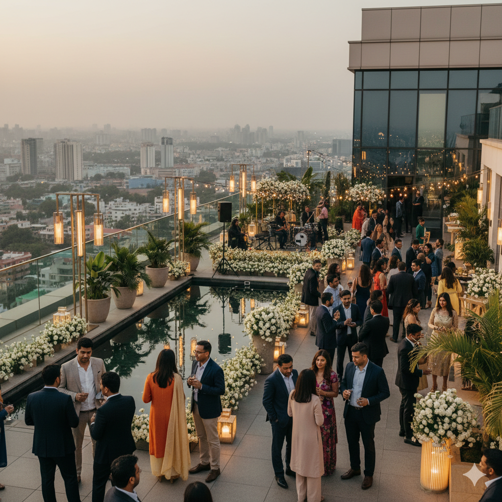 People attending a rooftop party or event in the evening, with city skyline views, decorated with flowers, string lights, and potted plants.