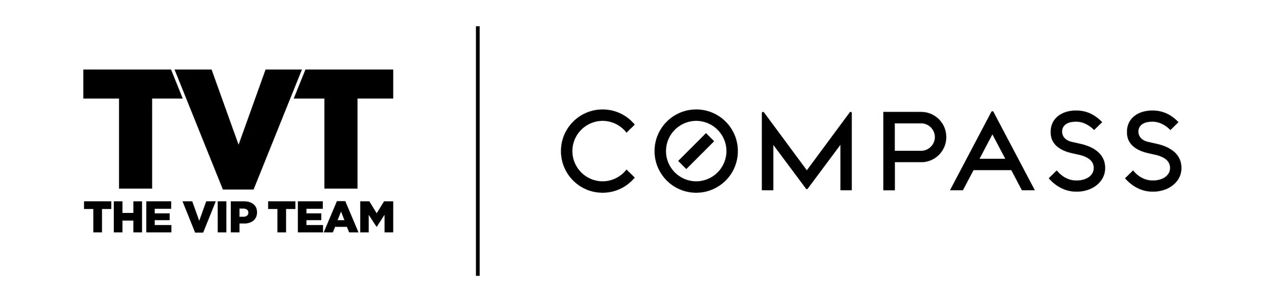 Logo for TV THE VIP TEAM and COMPASS side by side in black and white.