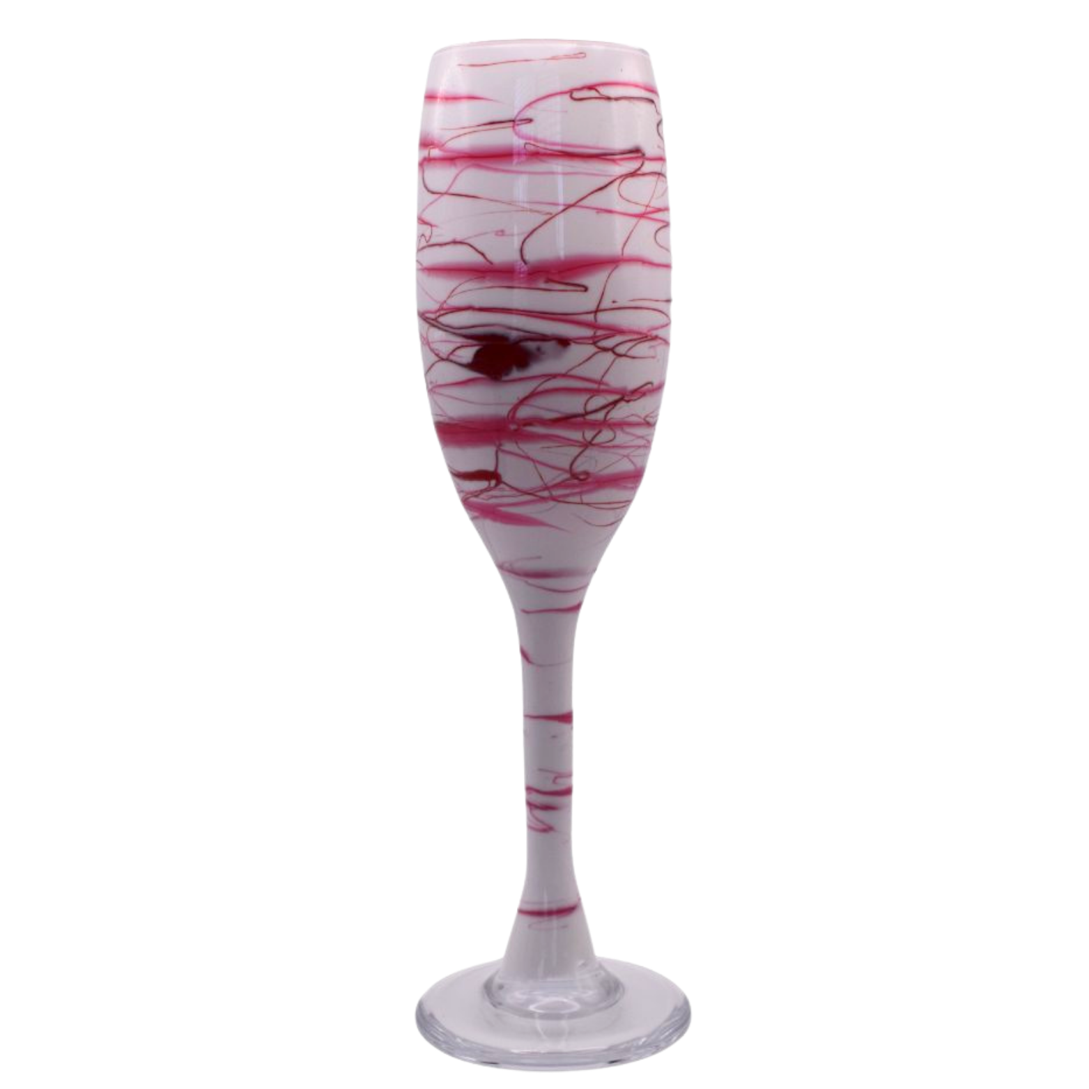 A tall, white glass with pink and red swirling patterns and a dark custom design. Hand spun