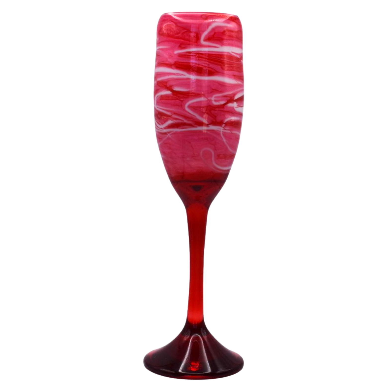 Hand spun custom champagne flute with white & red design. Also available in wine glass.