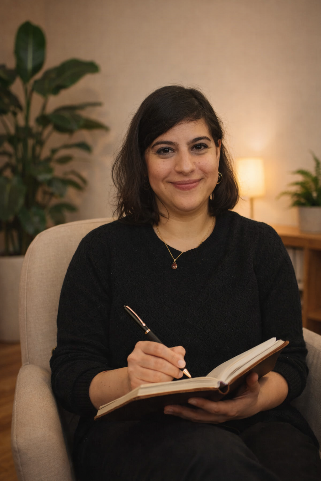 Una donna con capelli corti e scuri, vestita di nero, che Sembra sorridente, seduta su una poltrona beige, scrive su un taccuino con una penna in un ambiente accogliente con piante e lampade.