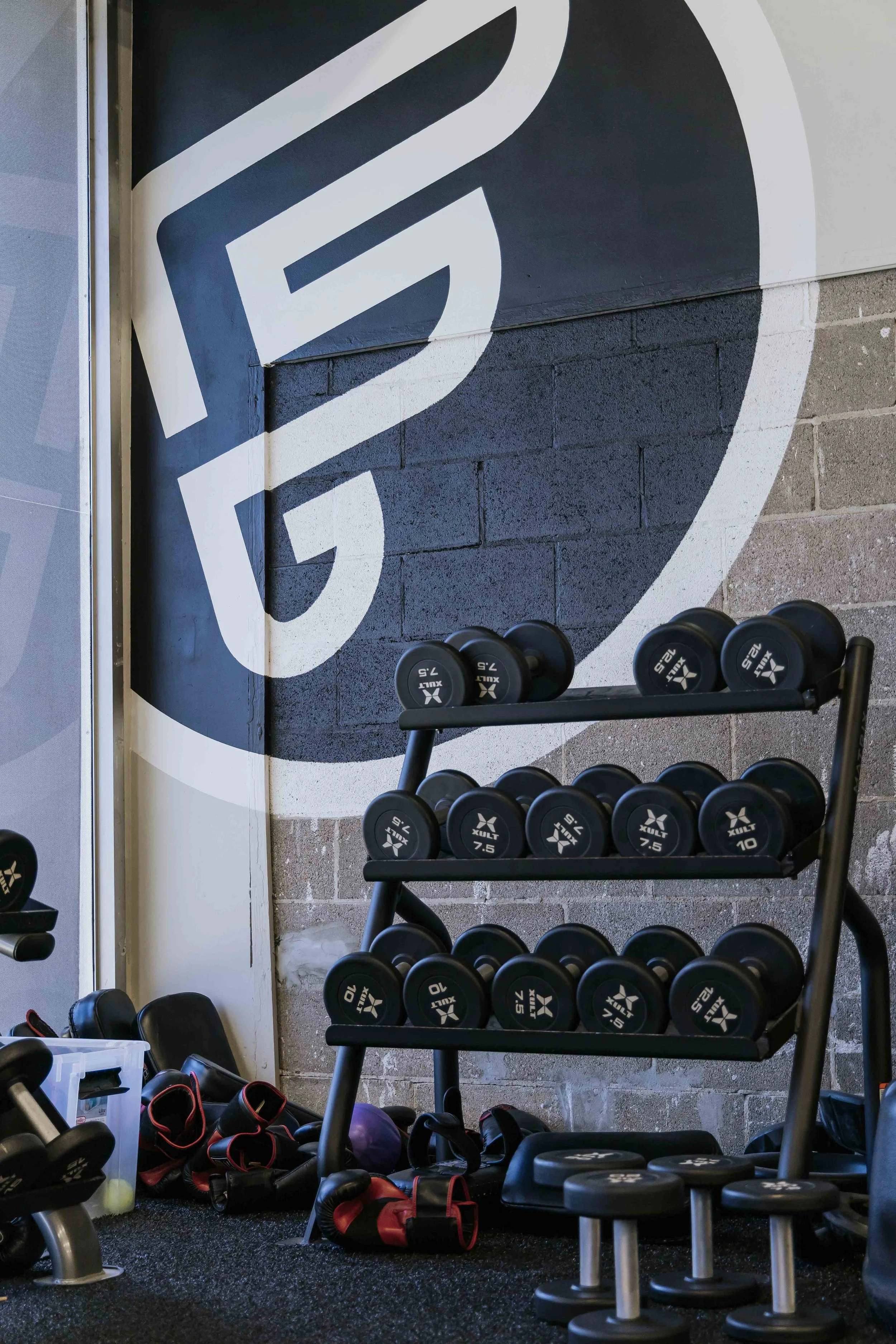 gym equipment with dumbbells on a rack, kettlebells, and assorted gym accessories against a cinder block wall and a large painted logo.