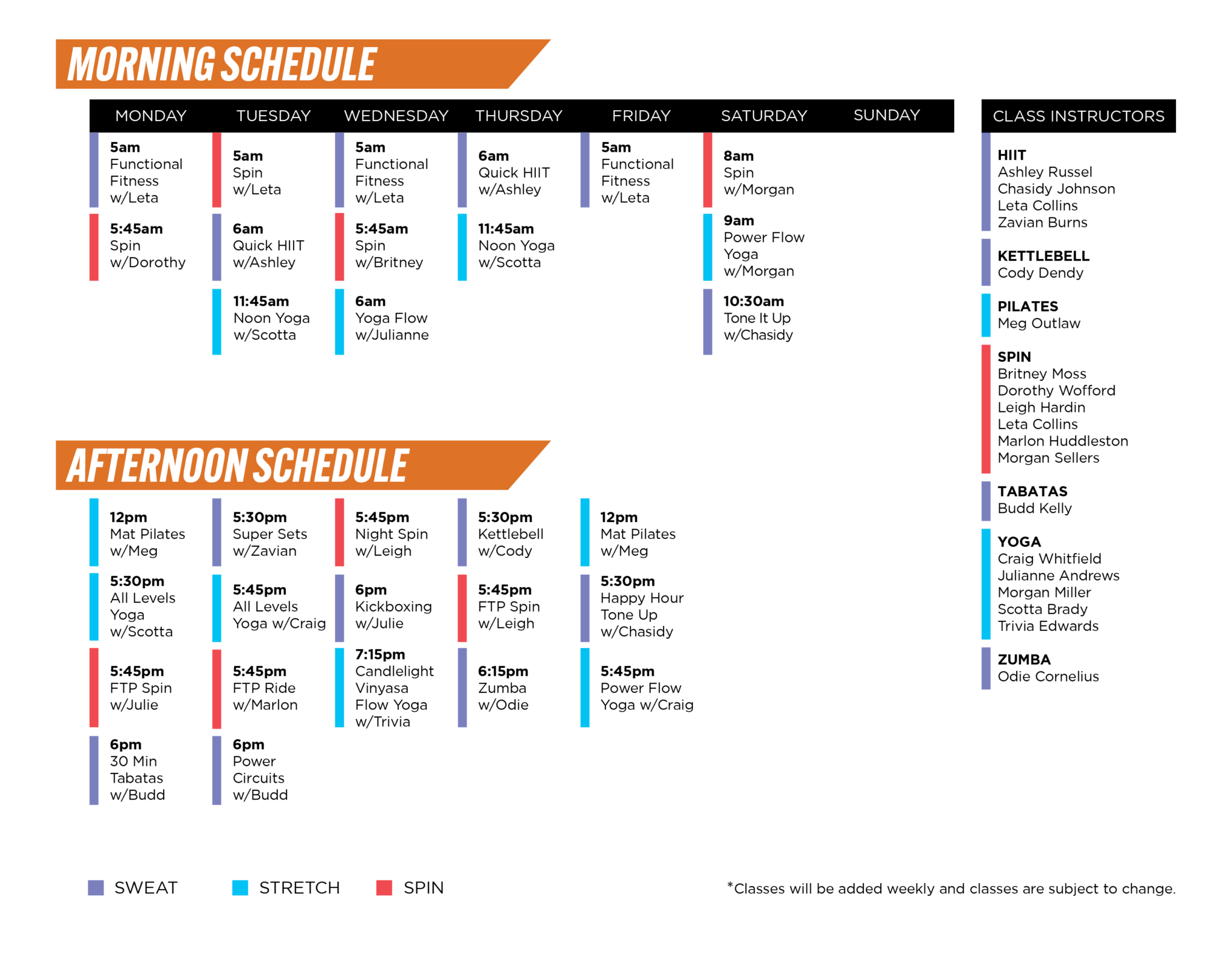 This is a detailed weekly morning and afternoon fitness class schedule with classes listed by time, day, and instructor, along with a color-coded key for activity types.