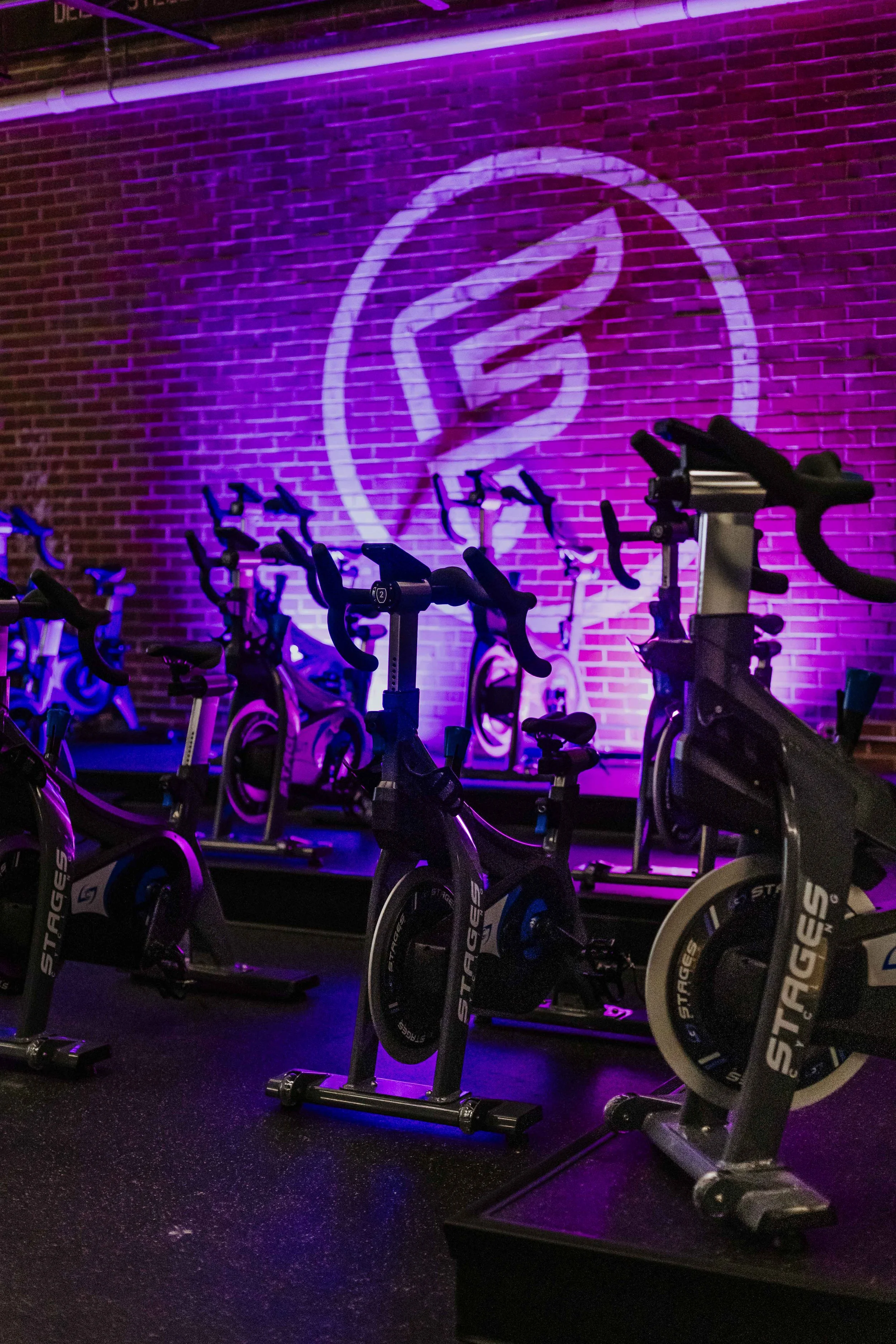 Indoor cycling bikes arranged in rows in a fitness studio with purple neon lighting and a red brick wall in the background.