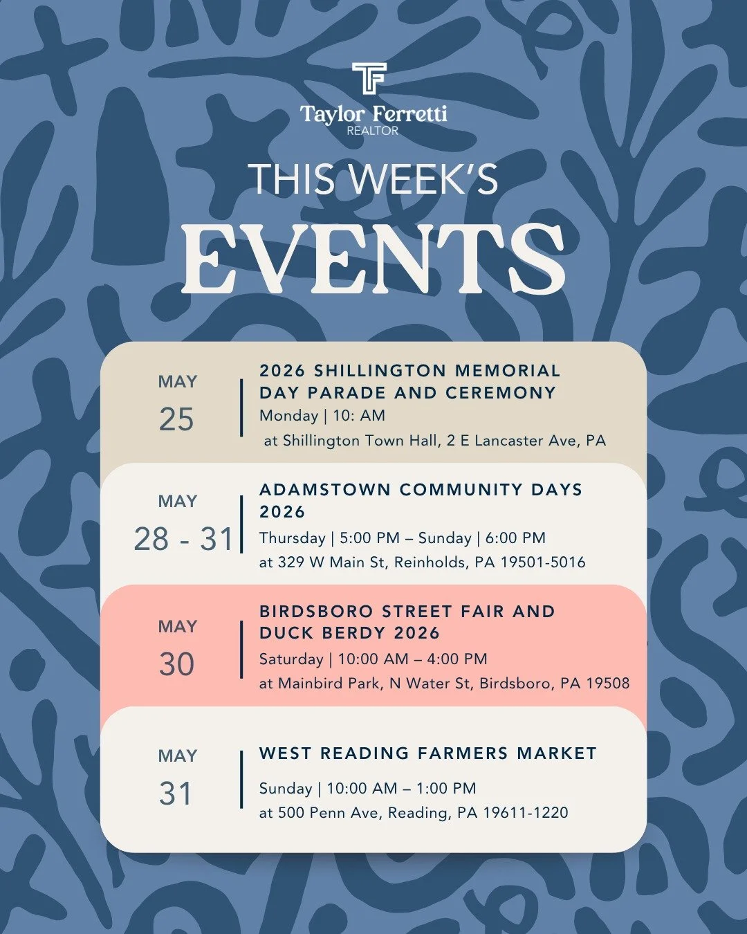 Local Events Happening Around the Community 🌿✨

Looking for something fun to add to your calendar? Check out these upcoming local events happening nearby and enjoy time with family, friends, and the community.

Event Name: Shillington Memorial Day P
