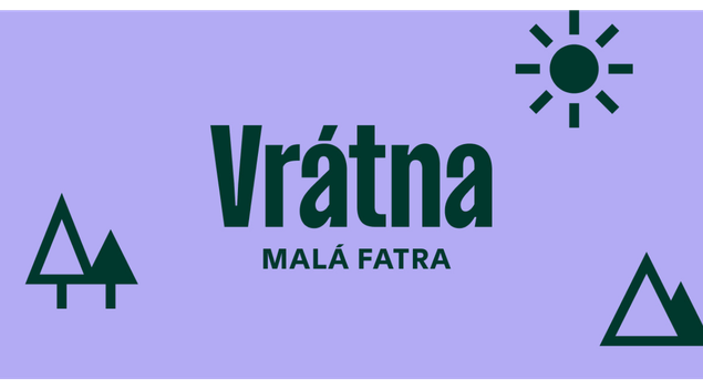 Logo with the words "Vrátná Malá Fatra" in bold green text on a light purple background, featuring simple mountain and sun icons.