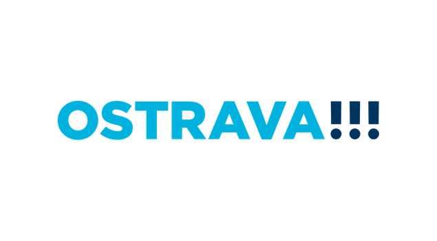 Bold blue text spelling 'OSTRAVA!!!' on a black background.