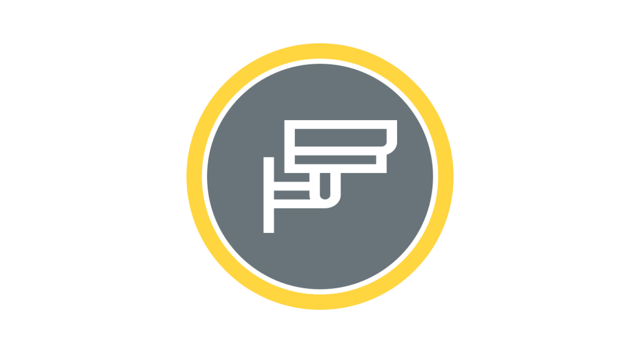 Pool warning sign with yellow border, gray background, and white pool icon.