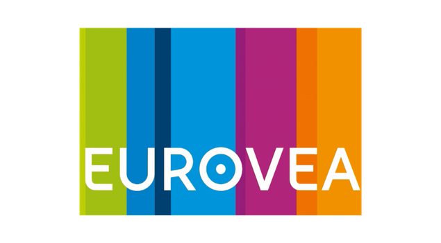 Logo with colorful vertical stripes and the text 'EUROVIA' in white across the center.