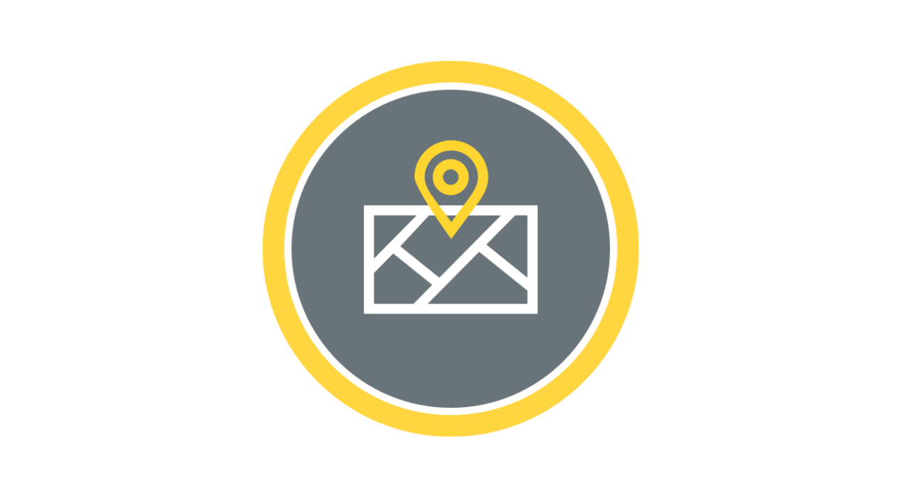 Icon of a map with a location pin on it, inside a yellow-bordered circle.