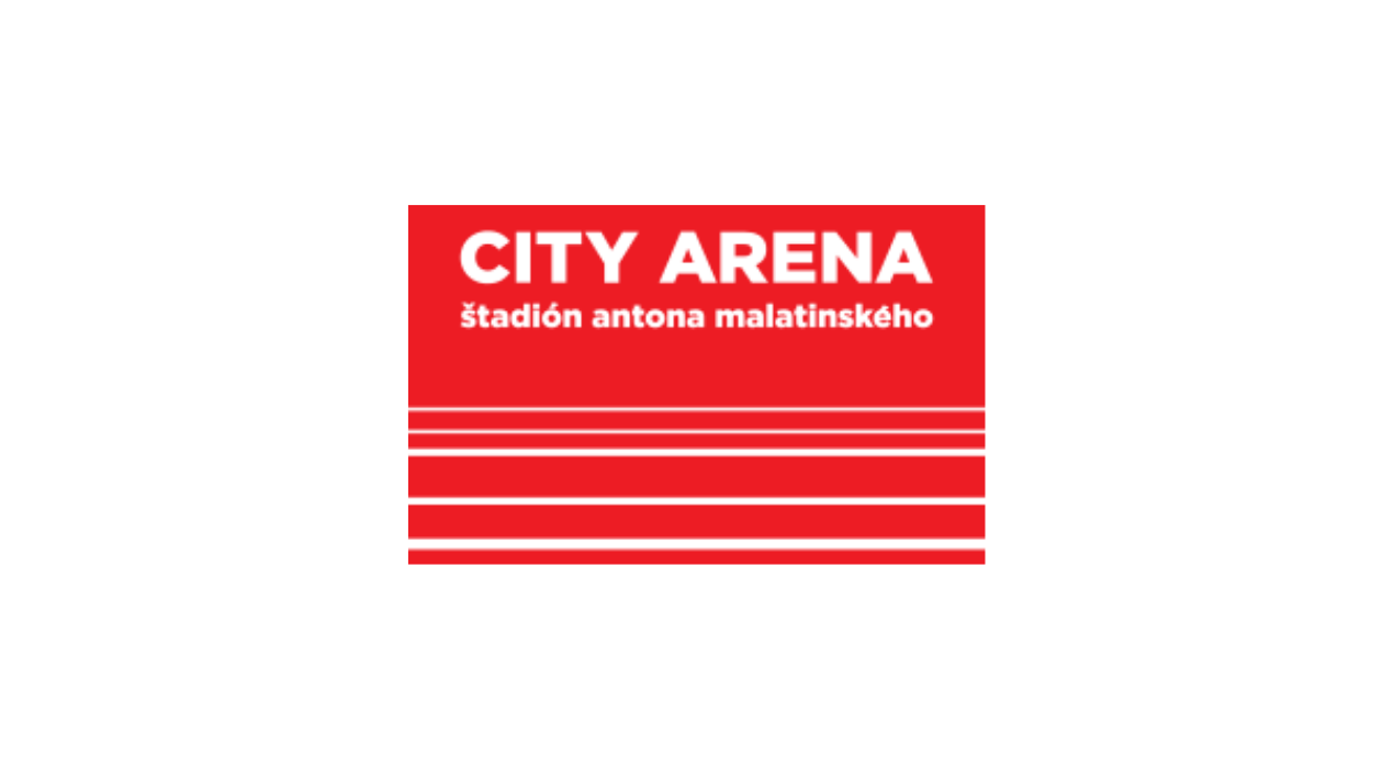 Red sign with white text reading "City Arena" and smaller text in Polish, indicating the arena's location at Antoni Malatyński Stadium.