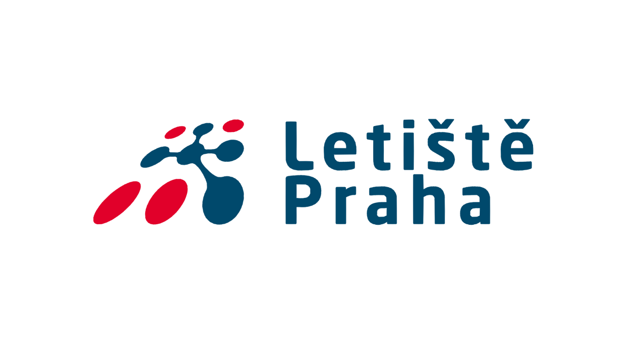 Logo of Letiště Praha with abstract blue and red shapes and the text "letiště Praha"