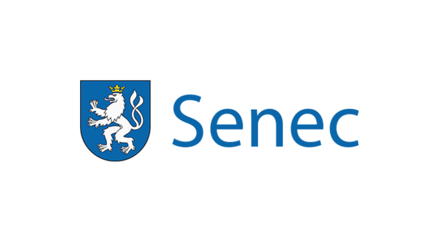 Senec logo with a white lion wearing a crown on a blue shield and the word 'Senec' in blue text.