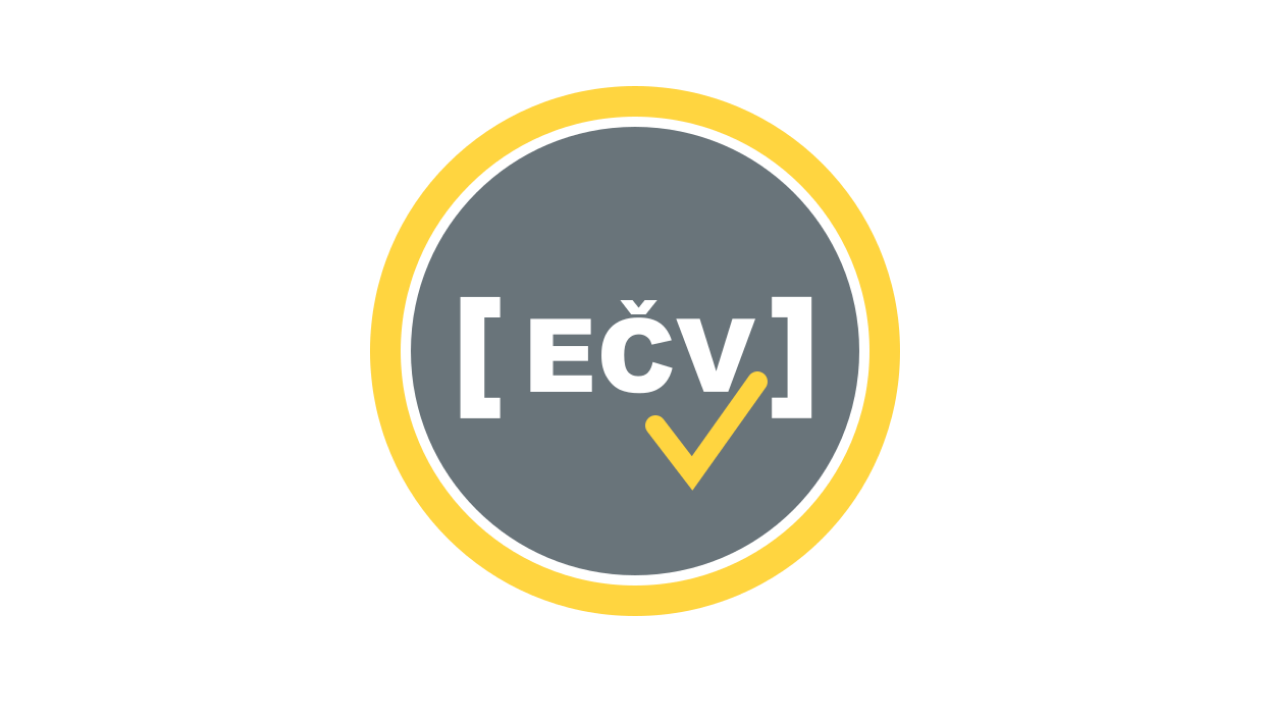 A round emblem with a yellow border, gray center, and check mark. Inside the emblem, there are white brackets with 'ĚČV1' and a yellow check mark below.