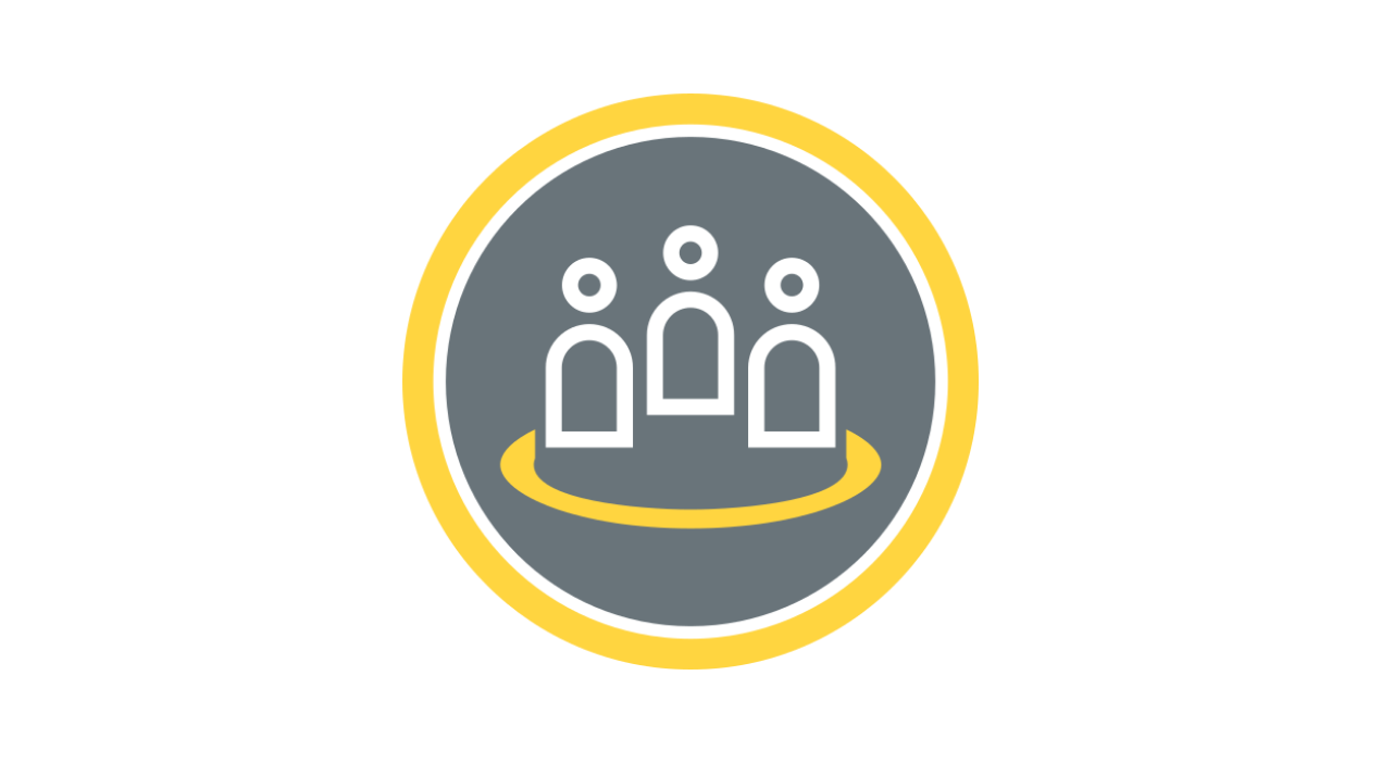 Icon of three people standing inside a circle, representing community or teamwork.