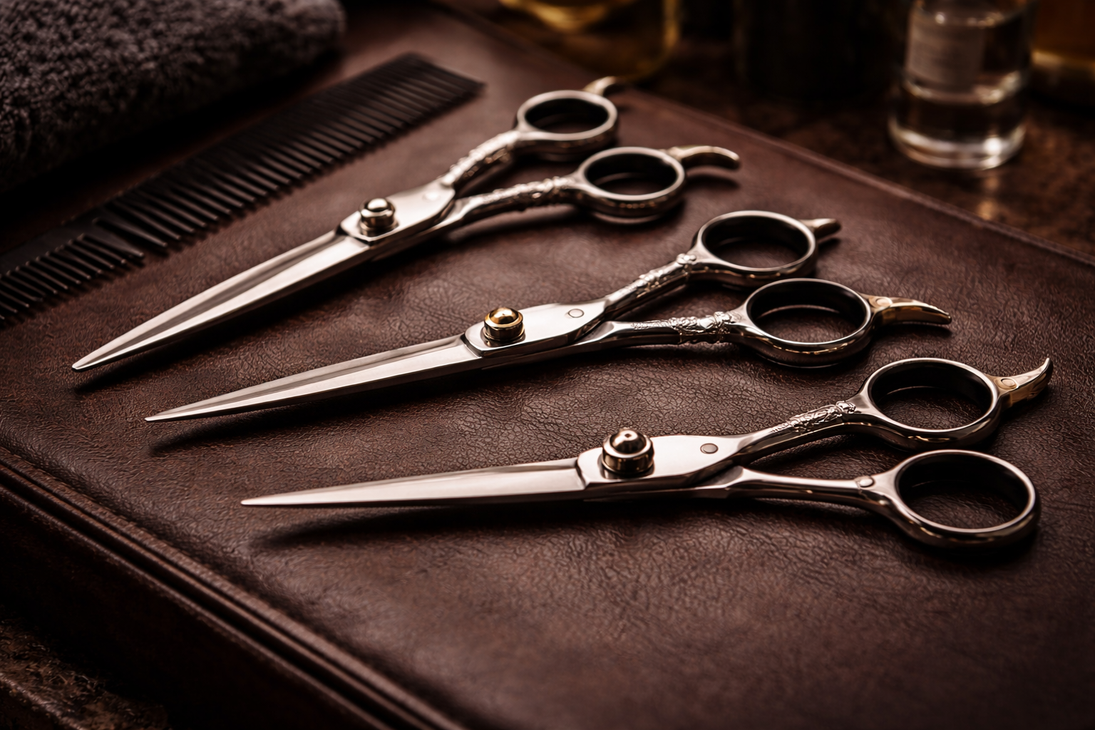 Three pairs of professional hair cutting scissors on a leather mat with a comb and hair products in the background.
