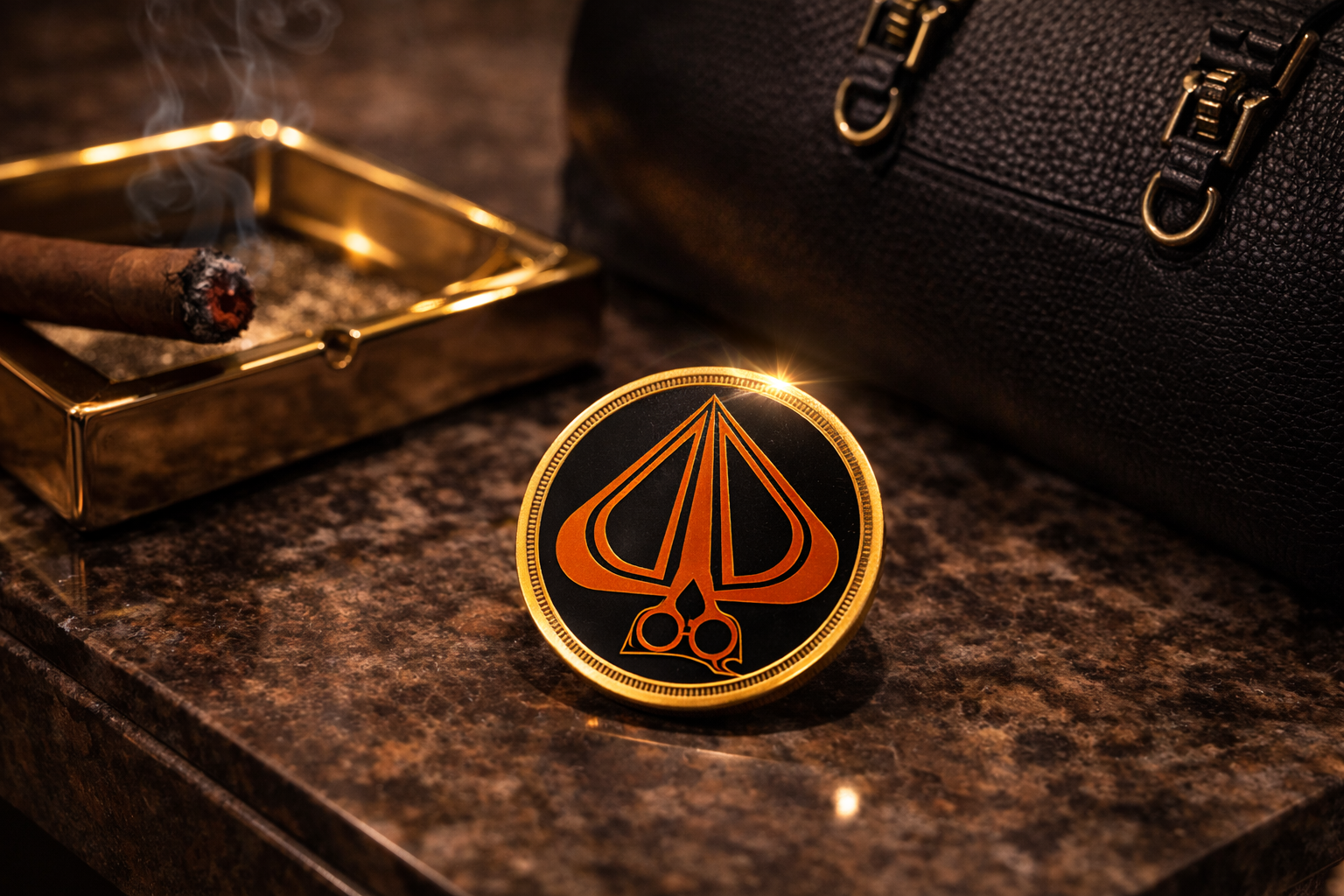 A gold coin with black and orange logo, placed on a polished brown granite surface, next to a lit cigar in a gold ashtray, and a black textured bag with gold hardware in the background.
