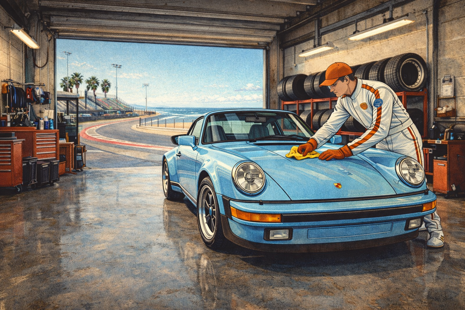 A person in a racing suit and orange cap polishing a blue Porsche 911 inside a garage near a race track with palm trees in the background.