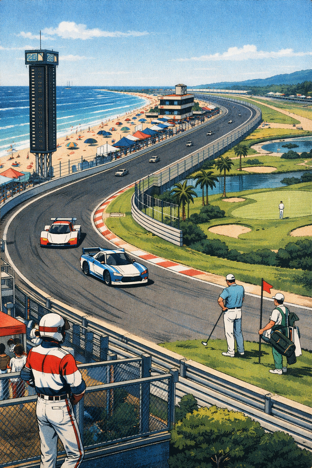 A race track along the beach with two race cars driving on it. The track is bordered by a fence and a crowd of spectators. In the background, there is a large water tower, ocean, and beach with umbrellas. There are also palm trees, a grassy area with a pond, and a few people, including two men standing near the track.
