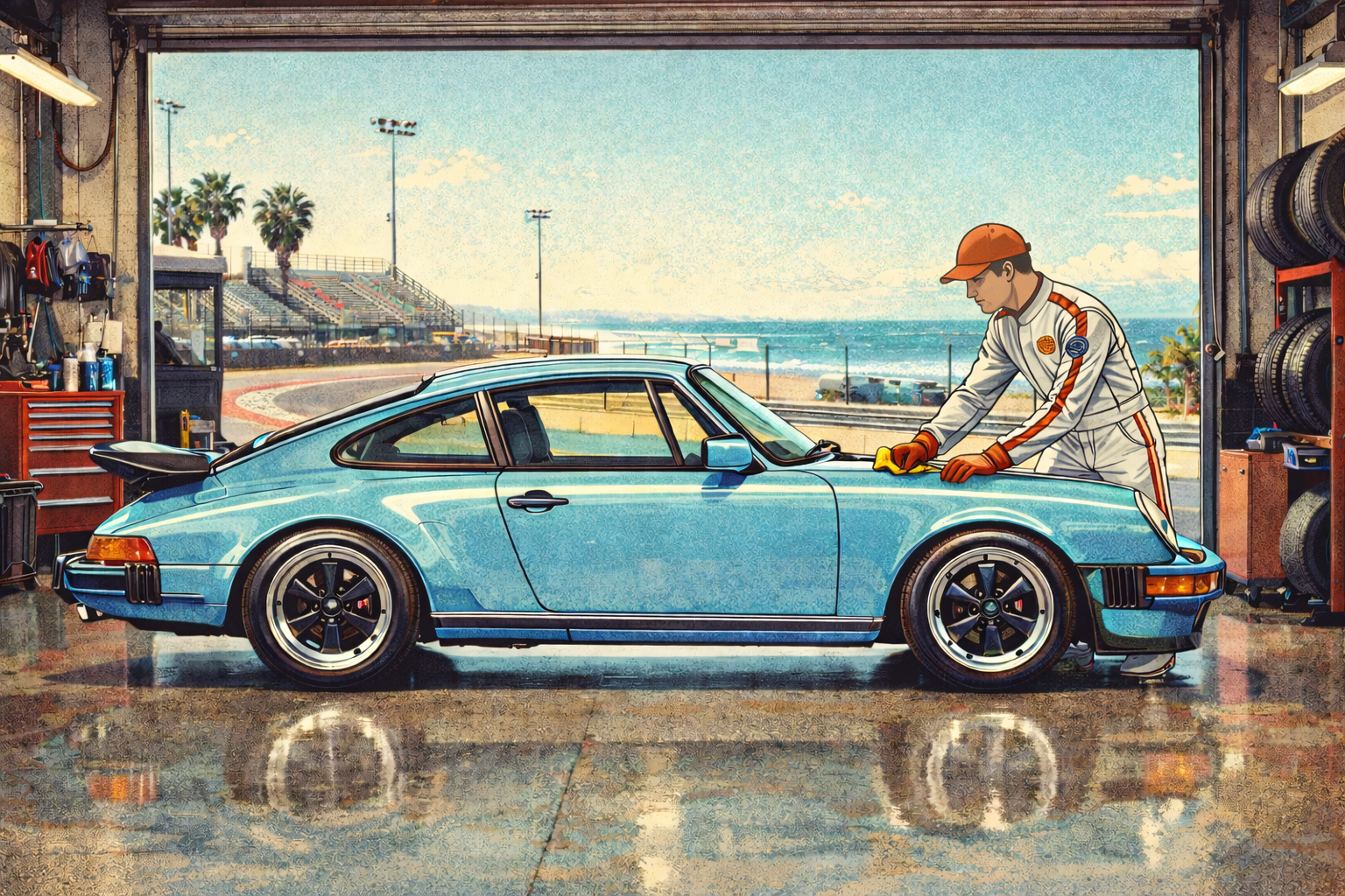 A mechanic cleaning a blue Porsche in a garage with a beach view and palm trees in the background.