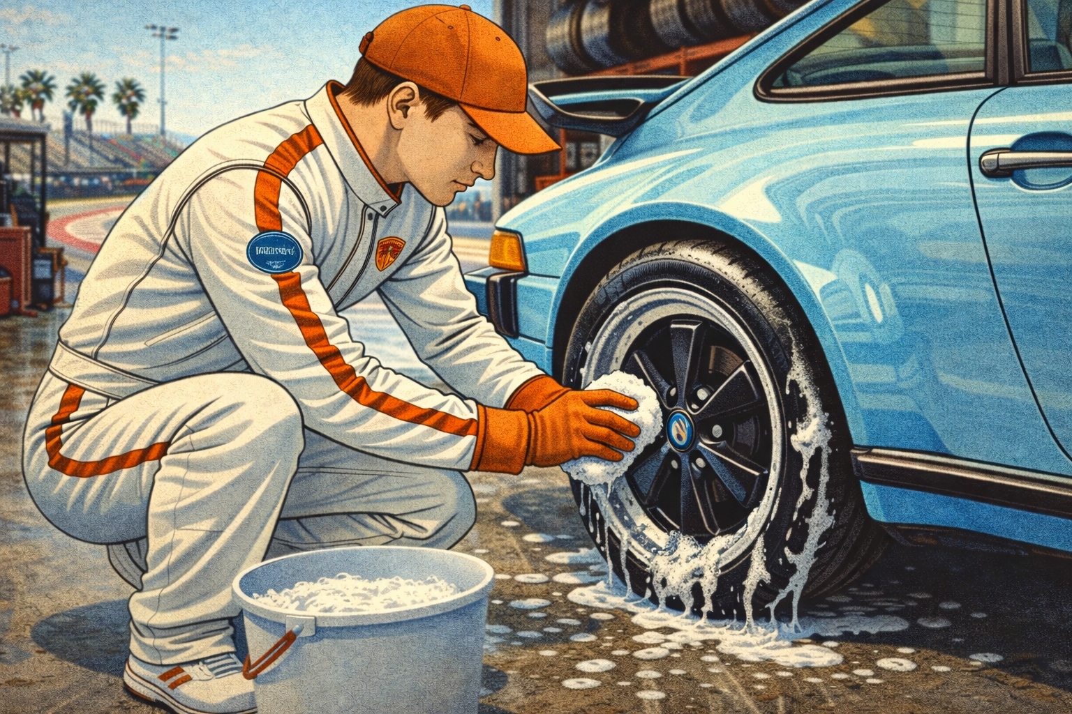 A person in a racing uniform washing a blue sports car with soap and a sponge at a car wash station, with soap suds on the tire and ground.
