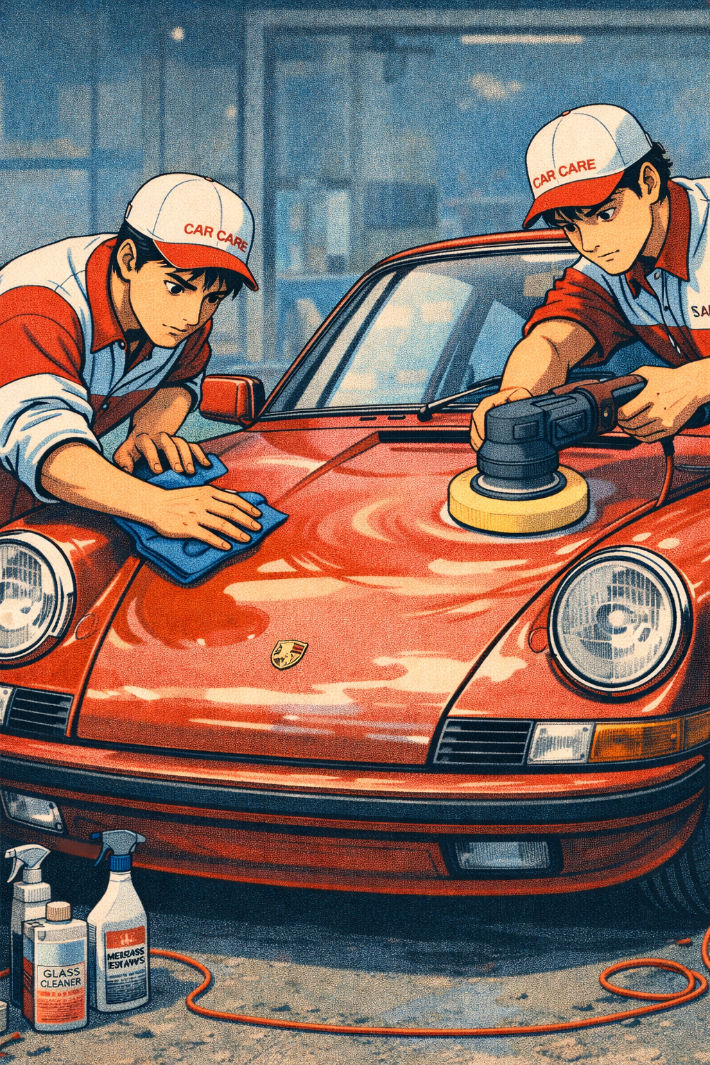 Two men in uniforms with 'Car Care' hats are polishing and buffing a red Porsche sports car in a garage. The man on the left is using a cloth to clean the car's surface, while the man on the right is operating a polishing machine. There are cleaning supplies, including glass cleaner and spray bottles, on the floor near them.