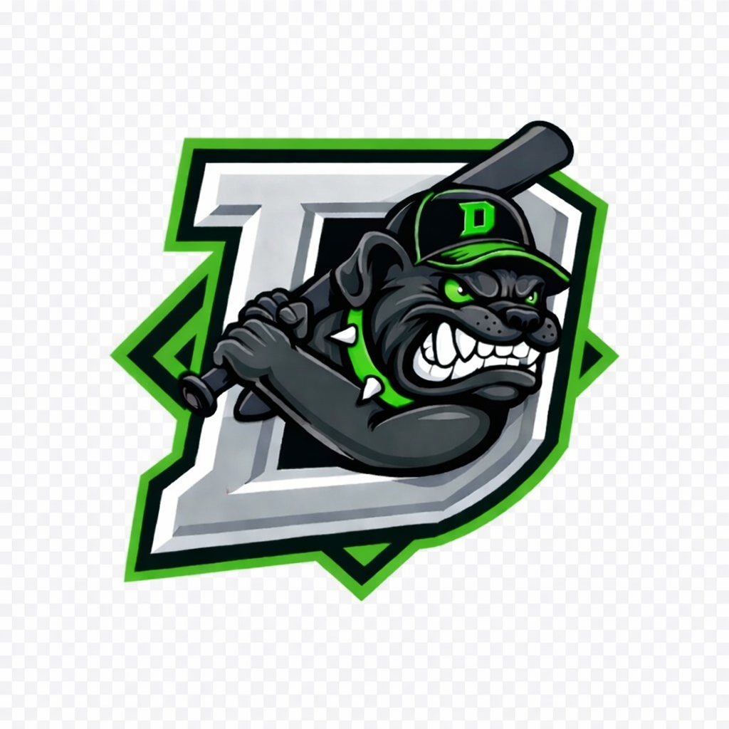 An aggressive cartoon bulldog wearing a baseball cap with a green "D", holding a baseball bat, with a large letter "D" in the background, colored in black, gray, and green.