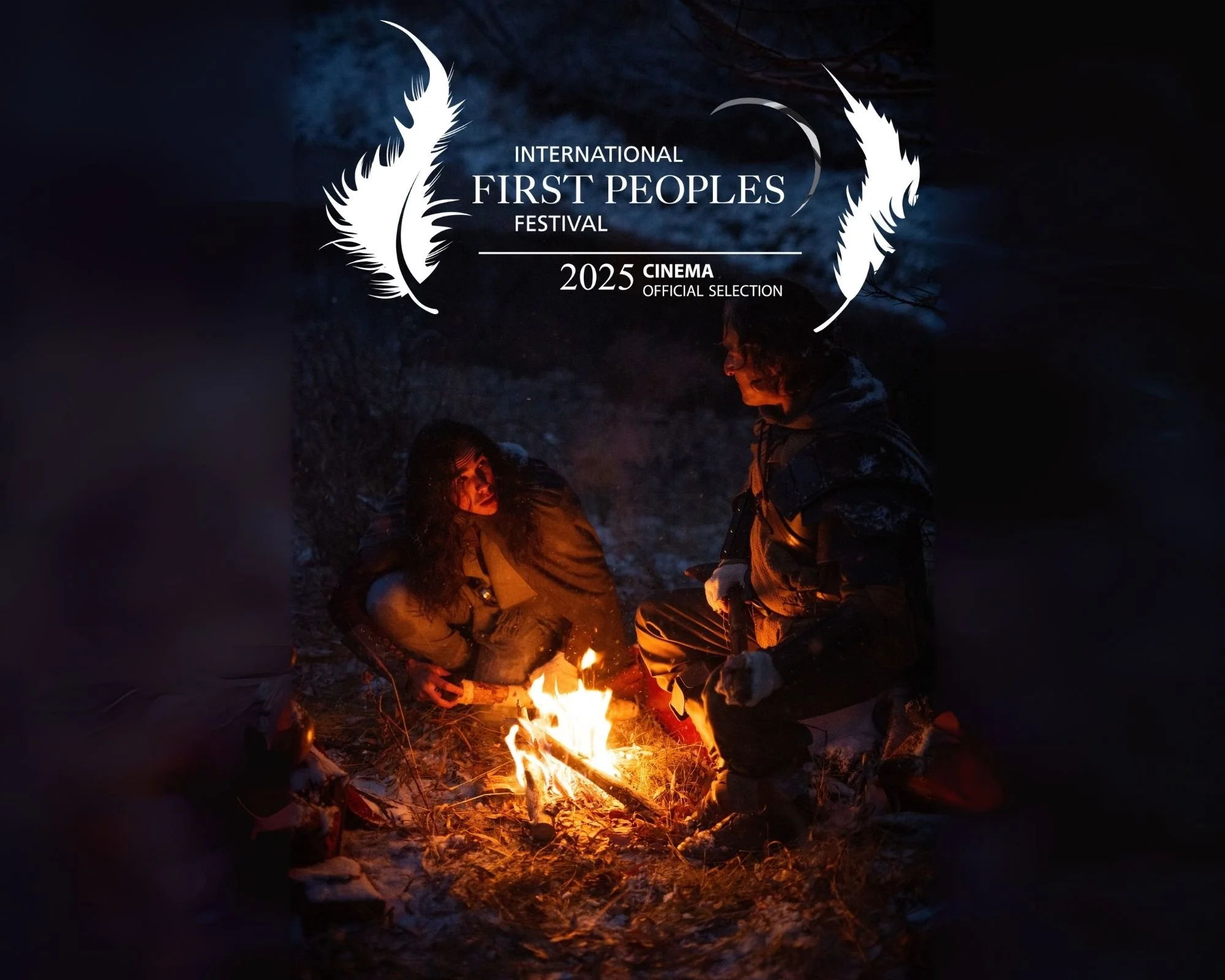 Scene from H&HA showing Two people sitting around a small campfire at night outdoors, with the dark sky and a few trees visible in the background. The image promotes the International First Peoples Festival, 2025 cinema official selection.