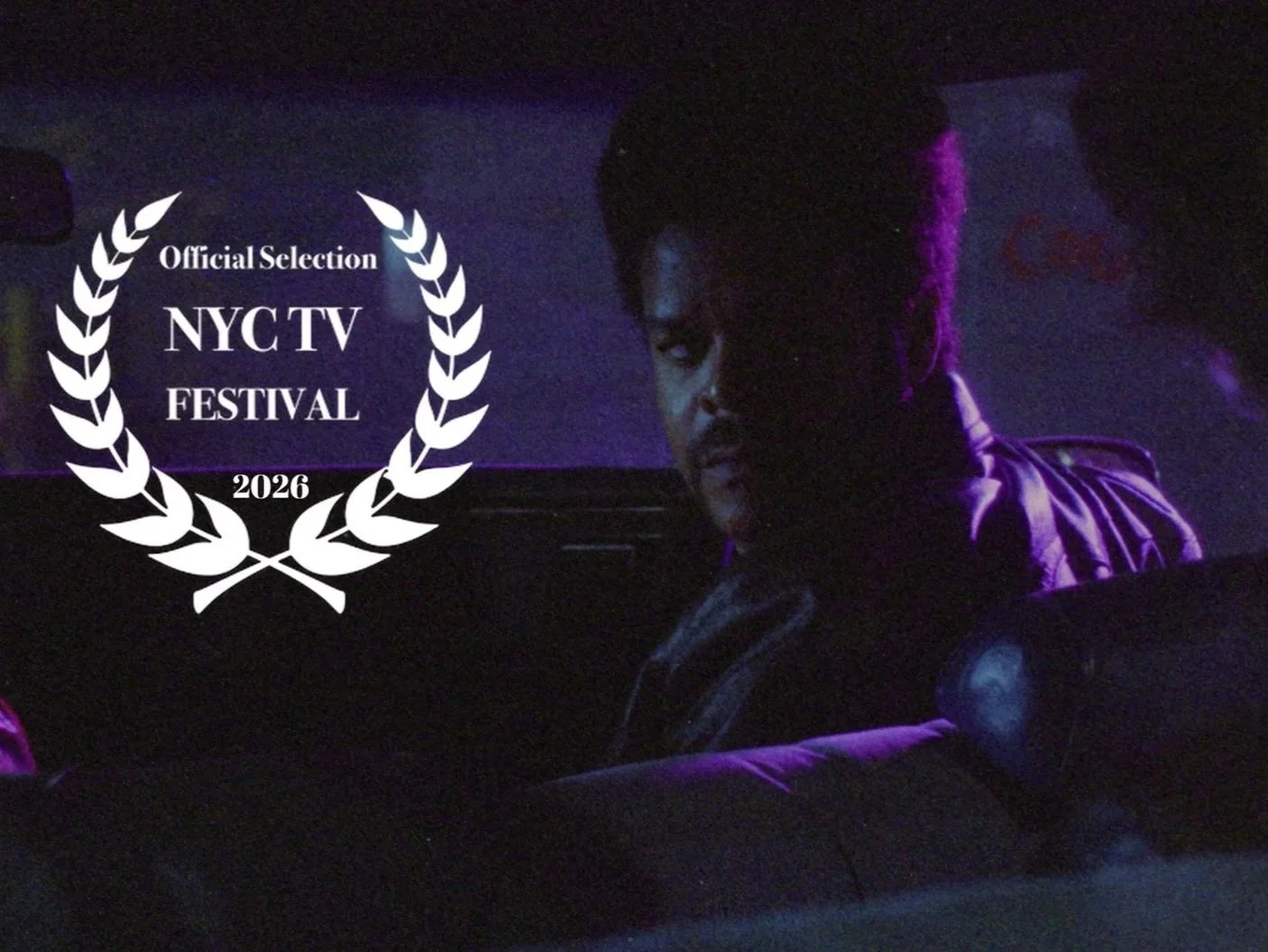 Scene from Renegade Fever showing a man with dark hair and moustache sitting in a car with dim purple lighting, looking out of the window. Overlaid is a white laurel indicating official selection at the NYCTV Festival 2026.