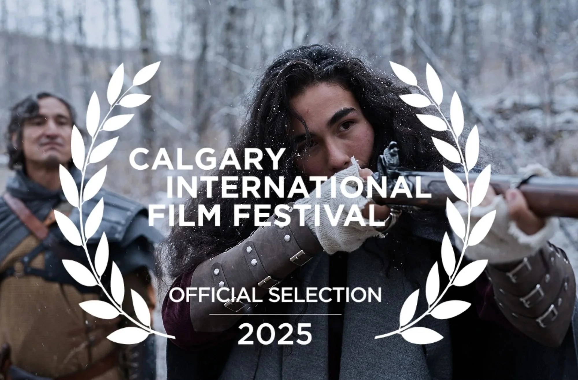 Scene from H&HA showing a young man aiming a rifle with an older man in the background, in a snowy forest setting, overlaid with text indicating Calgary International Film Festival 2025 official selection.