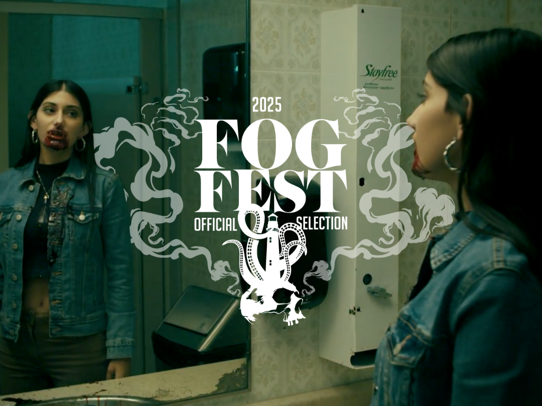 Scene from Immortal Embrace showing a woman with dark hair stands in front of a mirror with a blood-stained mouth and neck, looking at her reflection. The scene appears to be in a bathroom. Overlaid laurel indicates 2025 Fog Fest Official Selection.