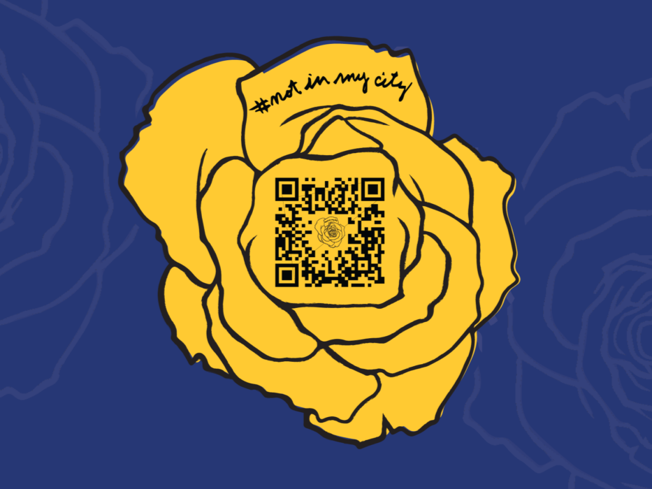 Not In My City's yellow rose with a QR code in the center and the hashtag '#not in my city' written on one petal, set against a dark blue background.