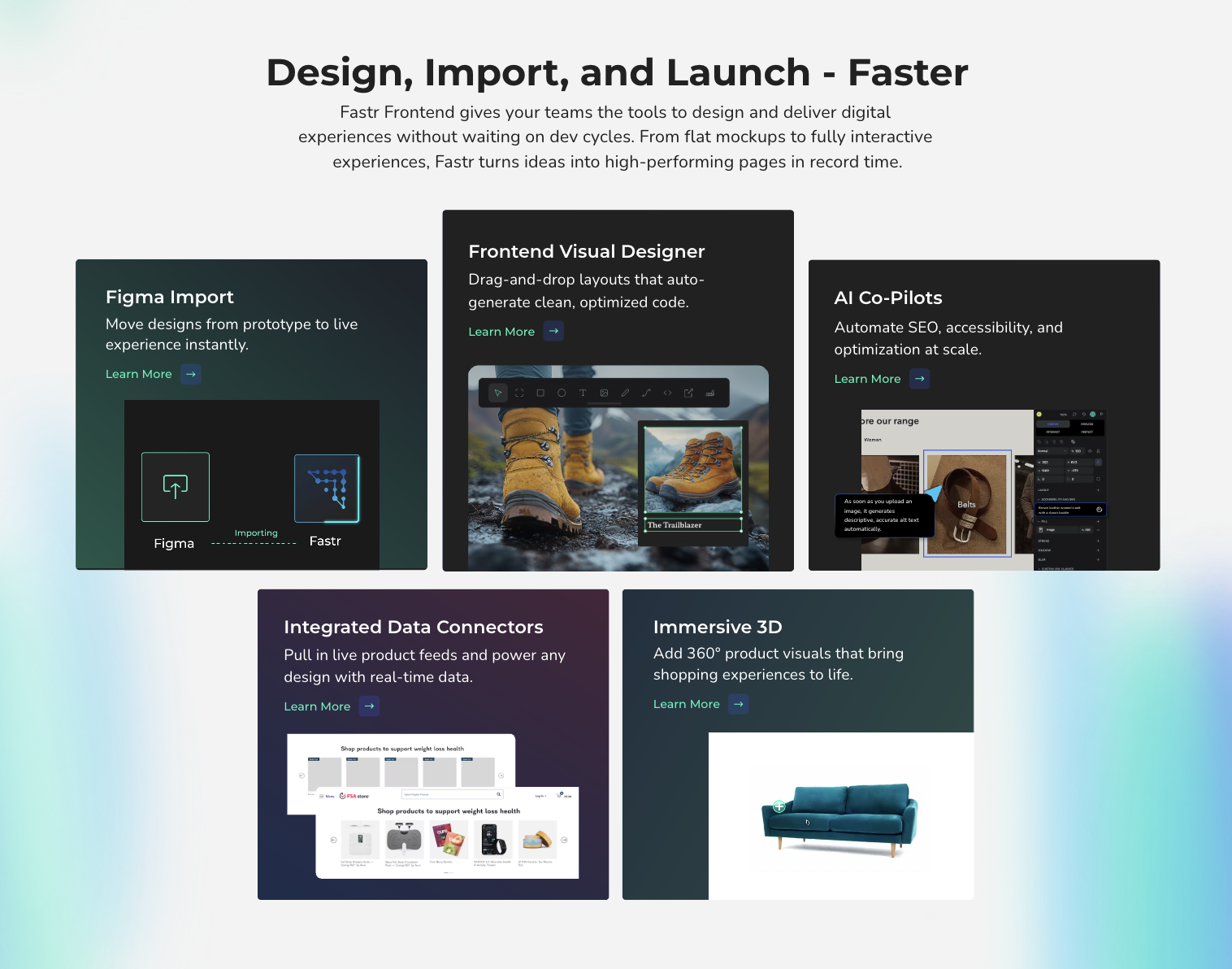 A webpage titled "Design, Import, and Launch - Faster" showcases five features: Figma Import, Frontend Visual Designer, AI Co-Pilots, Integrated Data Connectors, and Immersive 3D. Each feature has a brief description, with images illustrating the tools and functionalities.