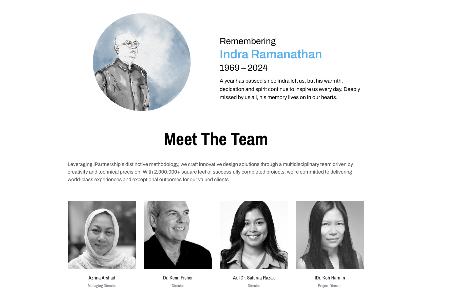 Web page mentioning the memory of Indra Ramanathan with a circular watercolor portrait of him and a team introduction section with photos and names of four team members.