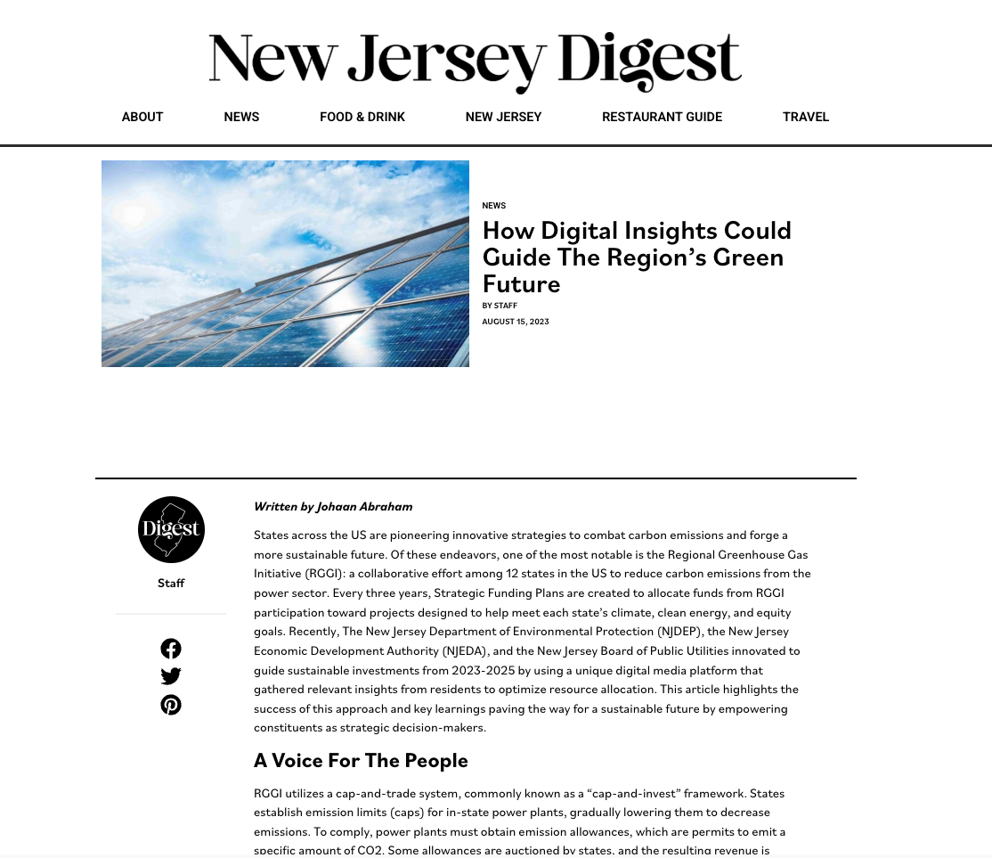 Screenshot of the New Jersey Digest website featuring an article with a solar panel field and a blue sky, titled 'How Digital Insights Could Guide The Region's Green Future'.