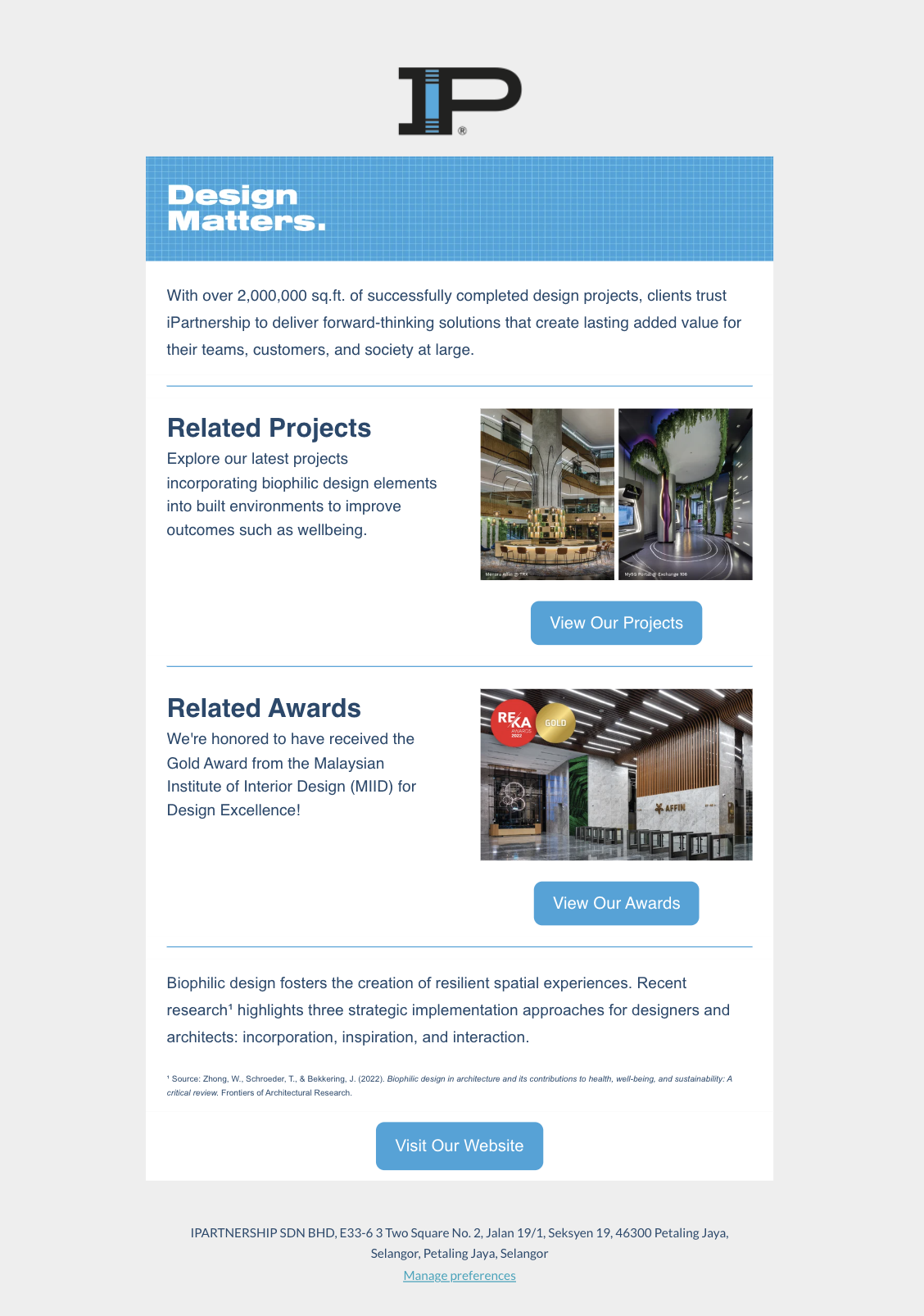 A promotional webpage for iPartnership with a logo at the top, blue header stating 'Design Matters', sections about projects and awards with photos, and a blue button labeled 'Visit Our Website' at the bottom.
