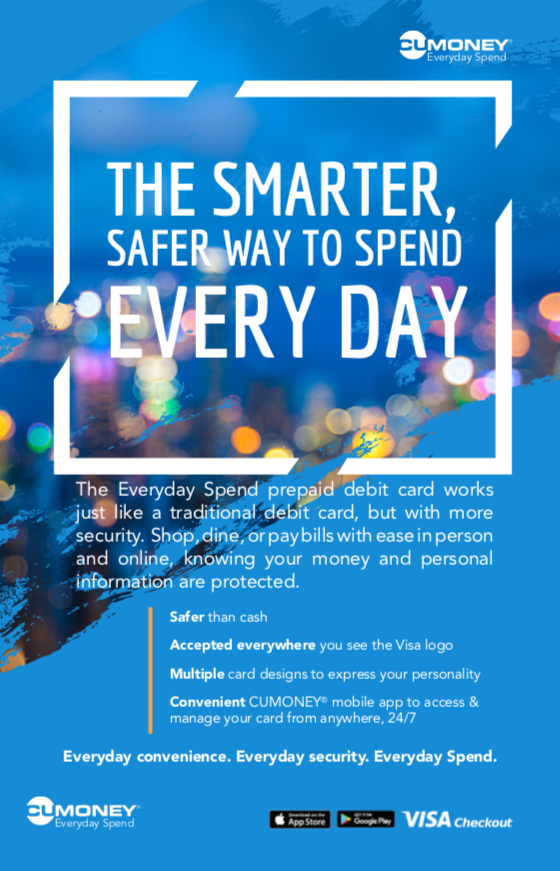 CUMONEY Everyday Spend prepaid Visa debit card promotion highlighting security, mobile app management, and retail acceptance.