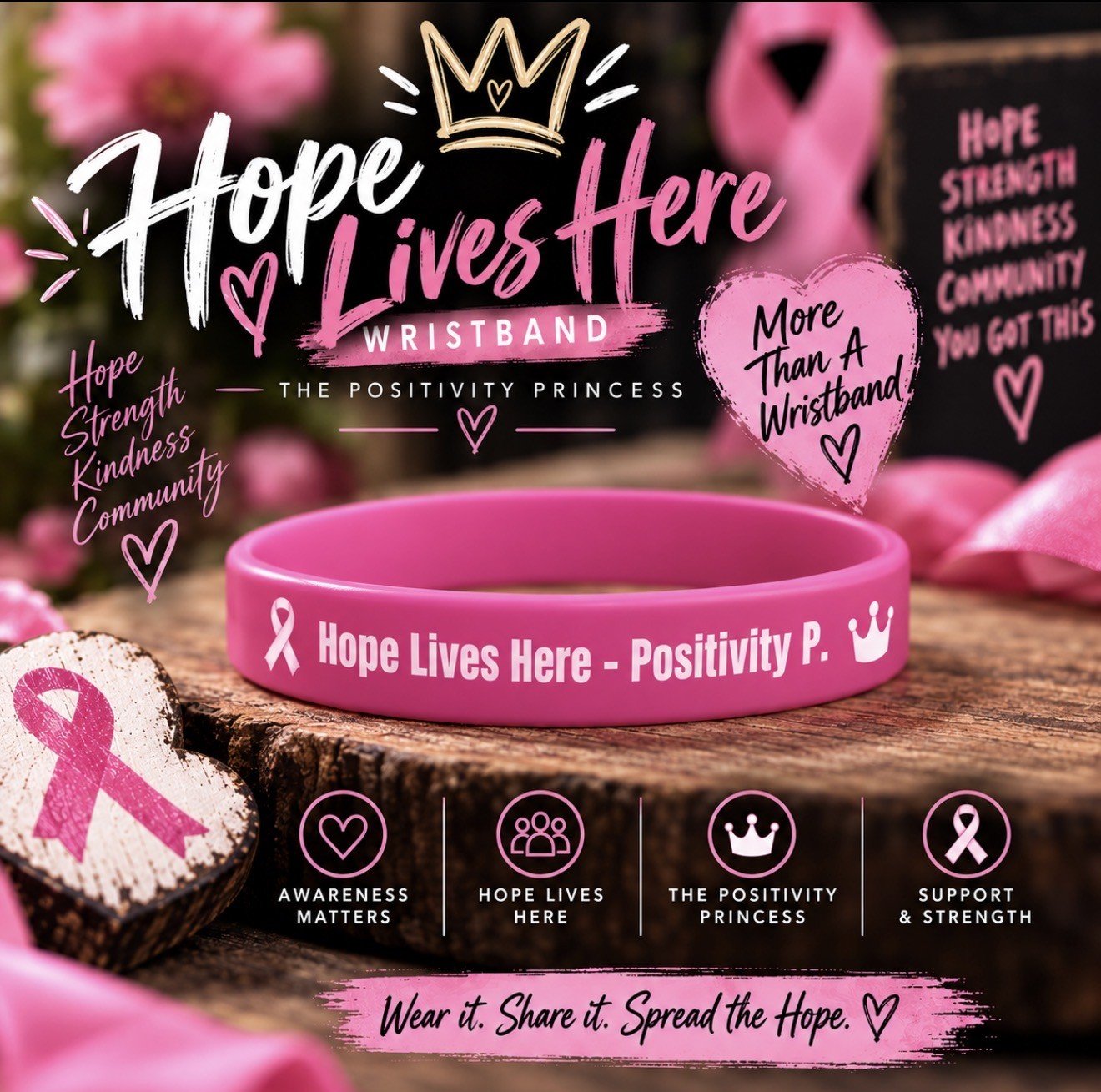 Hope Lives Here — Breast Cancer Awareness Wristband & Sticker Bundle | The Positivity Princess