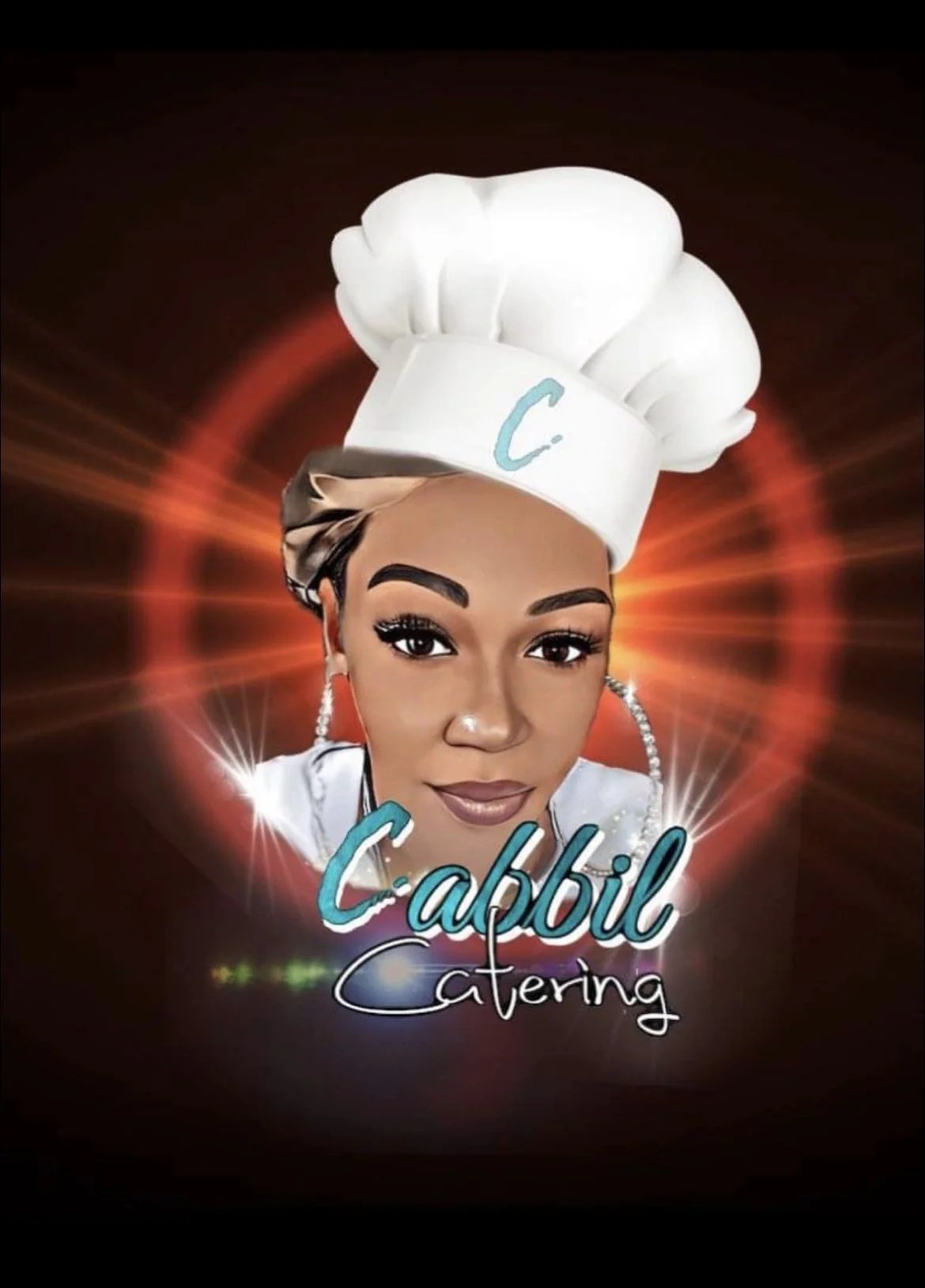 An animated Chef Tu wearing a chef's hat with the letter 'C' and earrings, with the text 'Cabbil Catering' in front of her and a glowing red heart behind her.