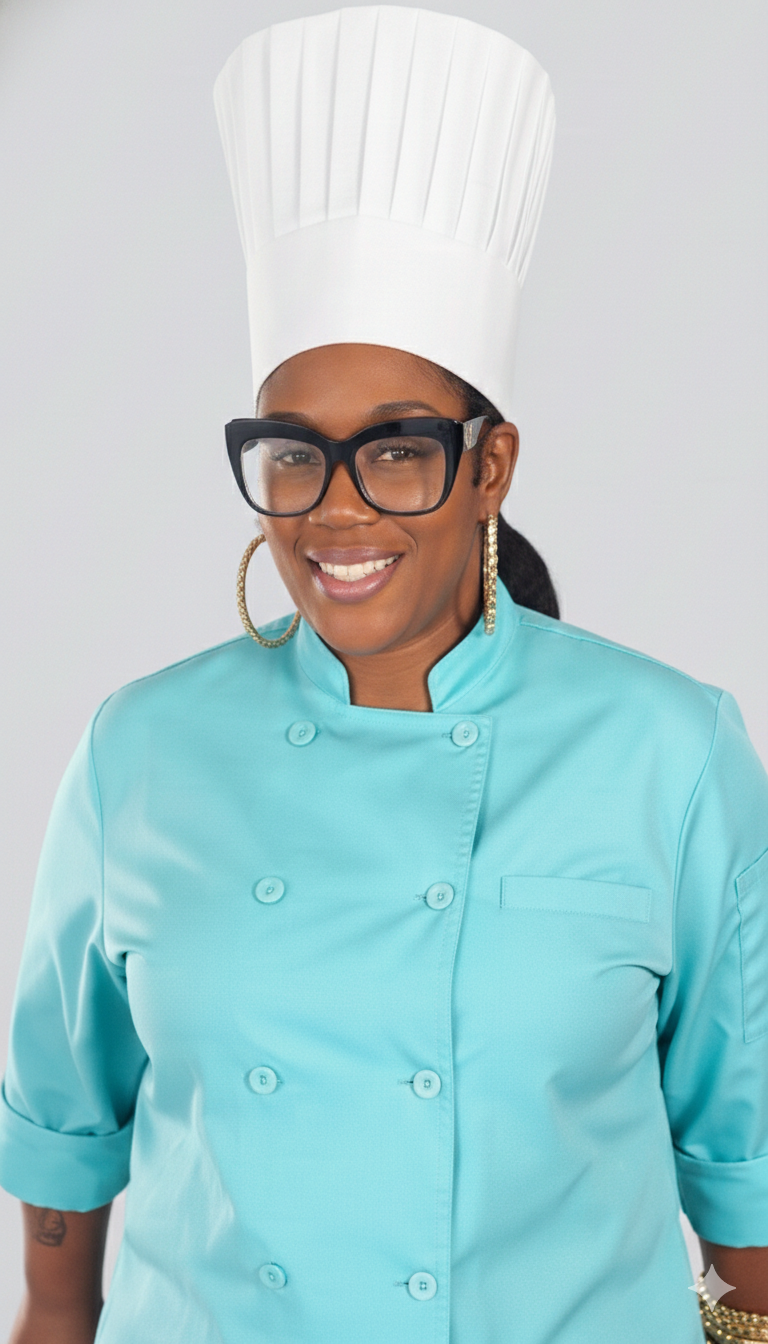Chef Tu wearing a white chef hat, turquoise chef coat, large black glasses, and gold hoop earrings.
