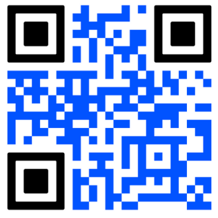 A QR code with black and blue modules on a white background.