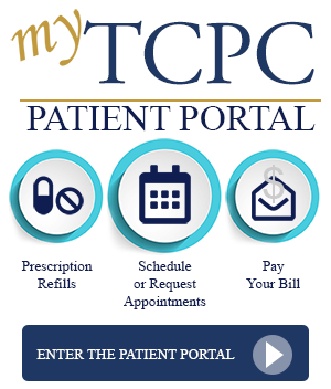 My TCPC Patient Portal logo with icons for prescription refills, schedule or request appointments, pay your bill, and a button to enter the portal.