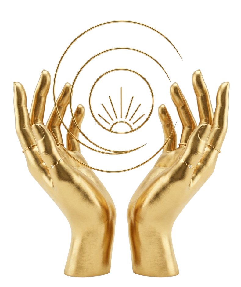 Two gold painted hands holding a golden spiral ornament with a play button symbol in the center.