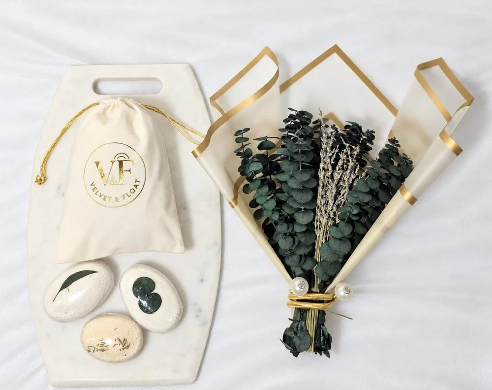 Velvet & Float Shower Bouquet, botanical Shower Pebbles and ivory V&F pouch