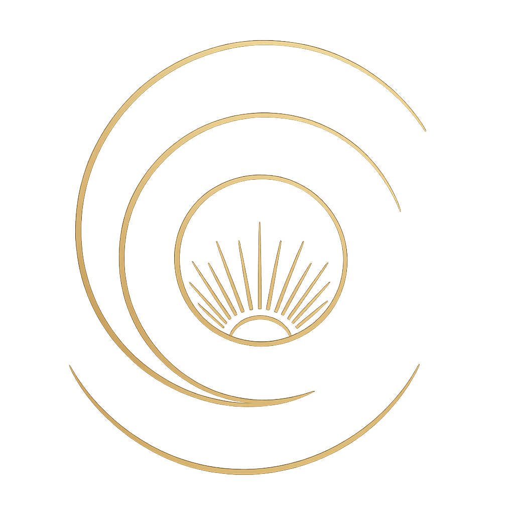 Golden outline of a rising sun with radiating lines inside concentric circles on a black background.