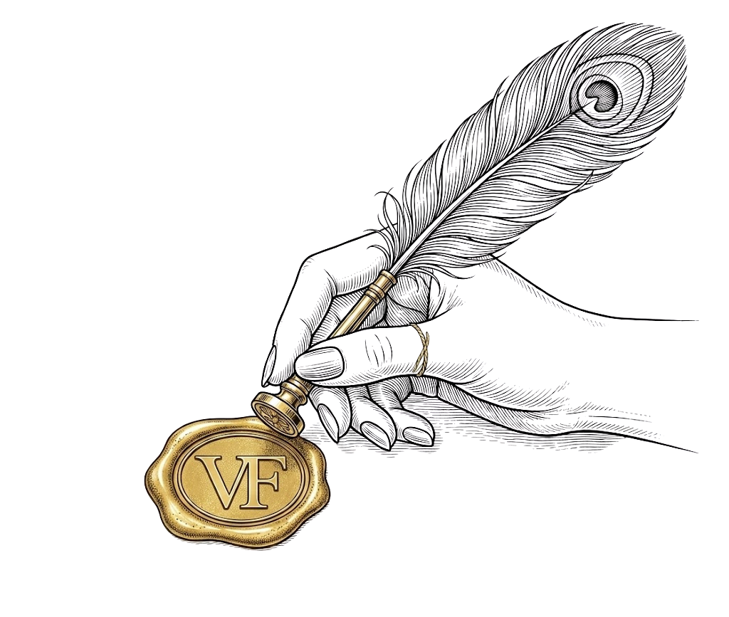A black hand holding a quill with a feather, signing a document with a gold seal that has the initials 'VF' on it.