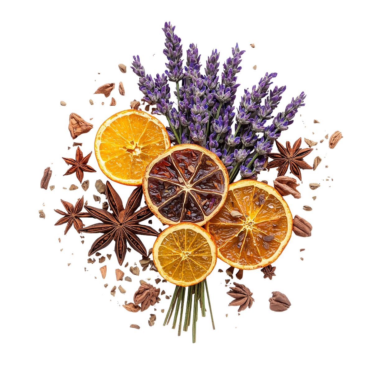 A bouquet of dried orange slices, lavender sprigs, star anise, and other dried herbs and spices.